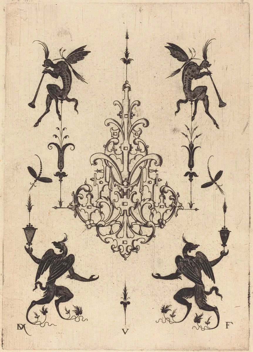 Brooch with Fantasy Creatures Blowing Horns at Top and Winged Griffins at Bottom by Daniel Mignot, print, 1596