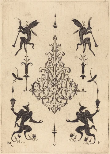 Brooch with Fantasy Creatures Blowing Horns at Top and Winged Griffins at Bottom by Daniel Mignot, print, 1596