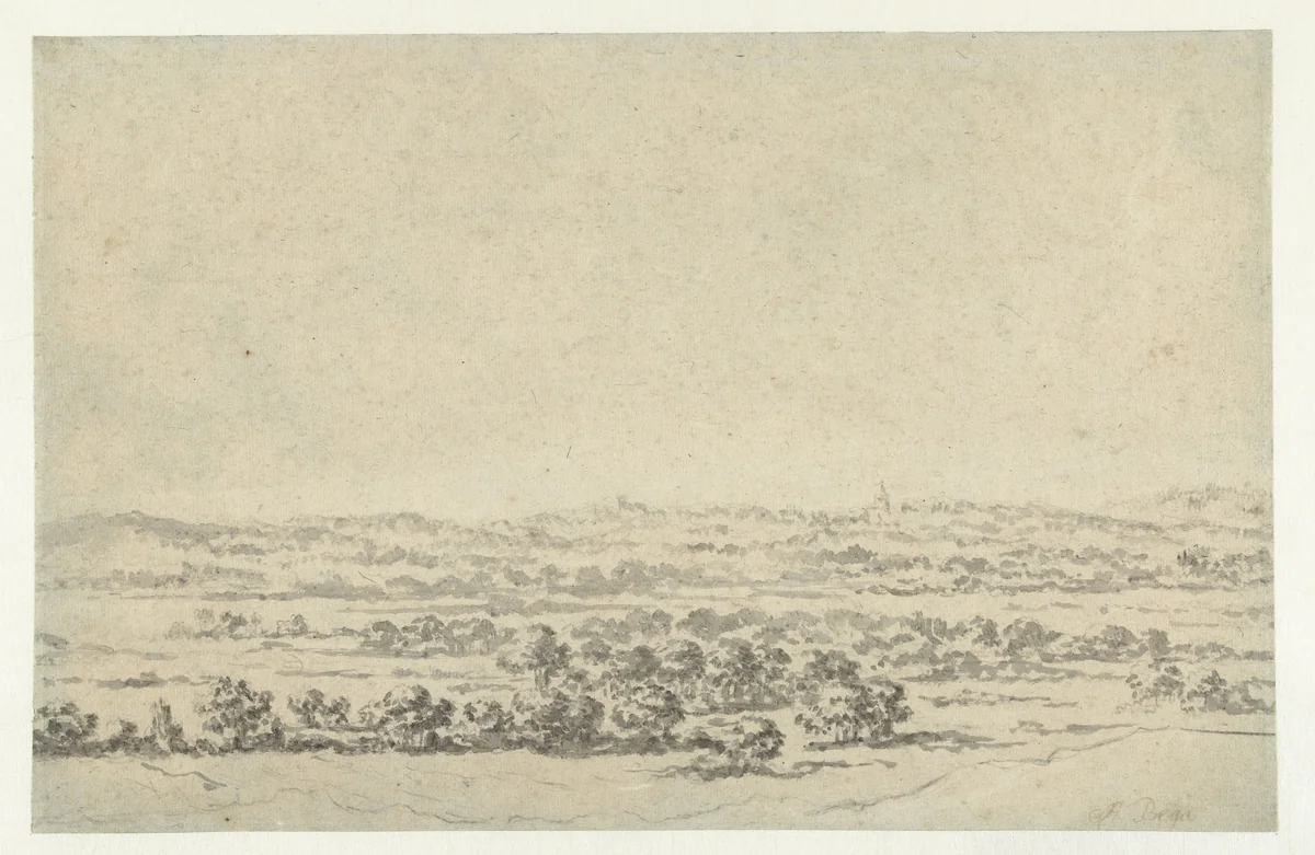 River Landscape, with a Tower in the Distance by Abraham Jansz Begeyn, drawing, 1695-1697