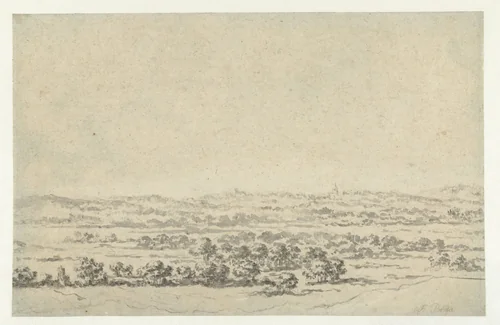 River Landscape, with a Tower in the Distance by Abraham Jansz Begeyn, drawing, 1695-1697