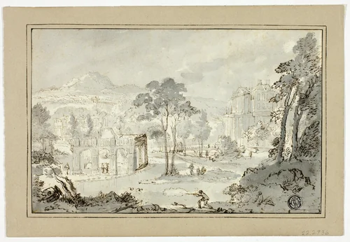 Hunter with Dog, Other Figures in Landscape with Villa, Canal, Pyramid by Gaspar van Wittel, drawing, 1600-1699