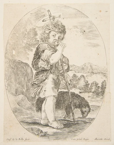 Saint John the Baptist eating a piece of fruit, an oval composition by Stefano della Bella, print, 1636-1646