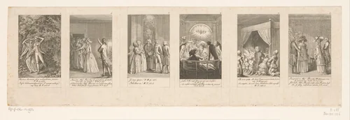 Zes voorstellingen uit Cecilia by Daniel Nikolaus Chodowiecki, print, 1787