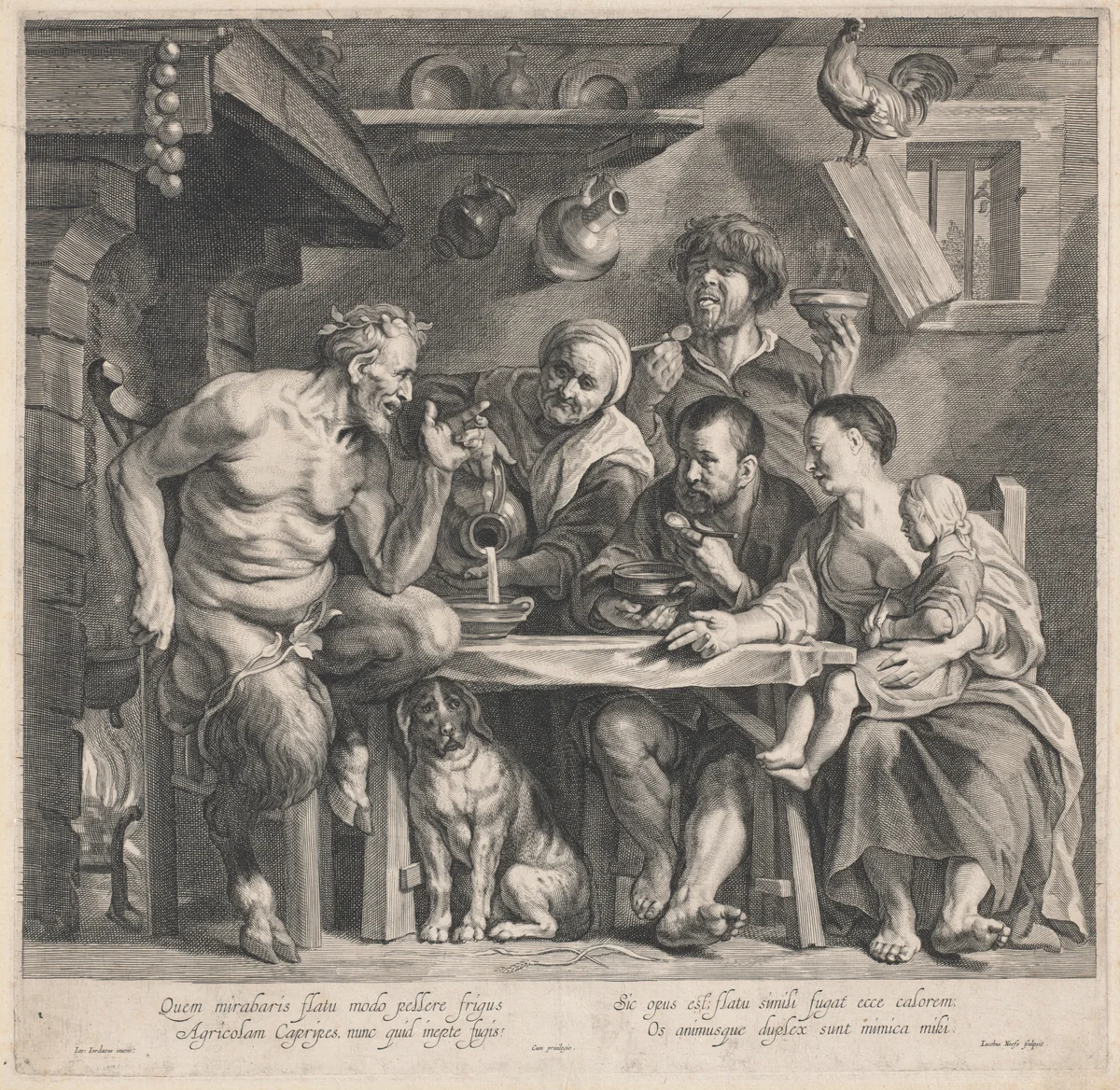 A Satyr Visiting a Peasant Family by Jacobus Neeffs, Jacob Jordaens, print, 1640-1649