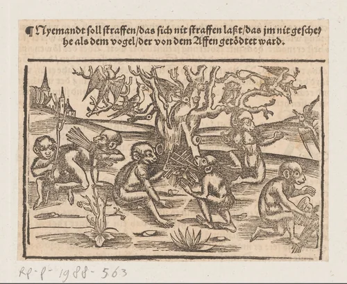 Apen vangen vogels en roosteren die in een boom by anonymous, print, 1539