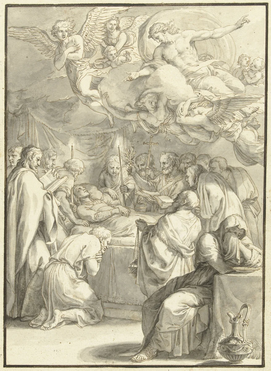 Het sterfbed van Maria by Jacques Stella, drawing, 1606-1657
