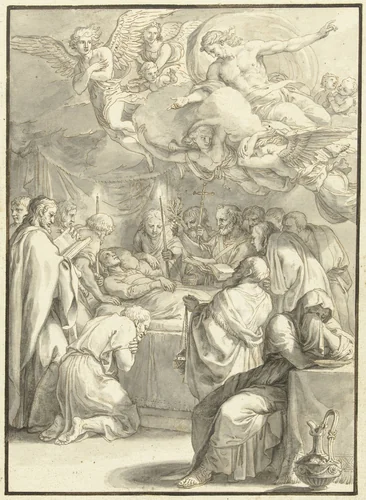 Het sterfbed van Maria by Jacques Stella, drawing, 1606-1657