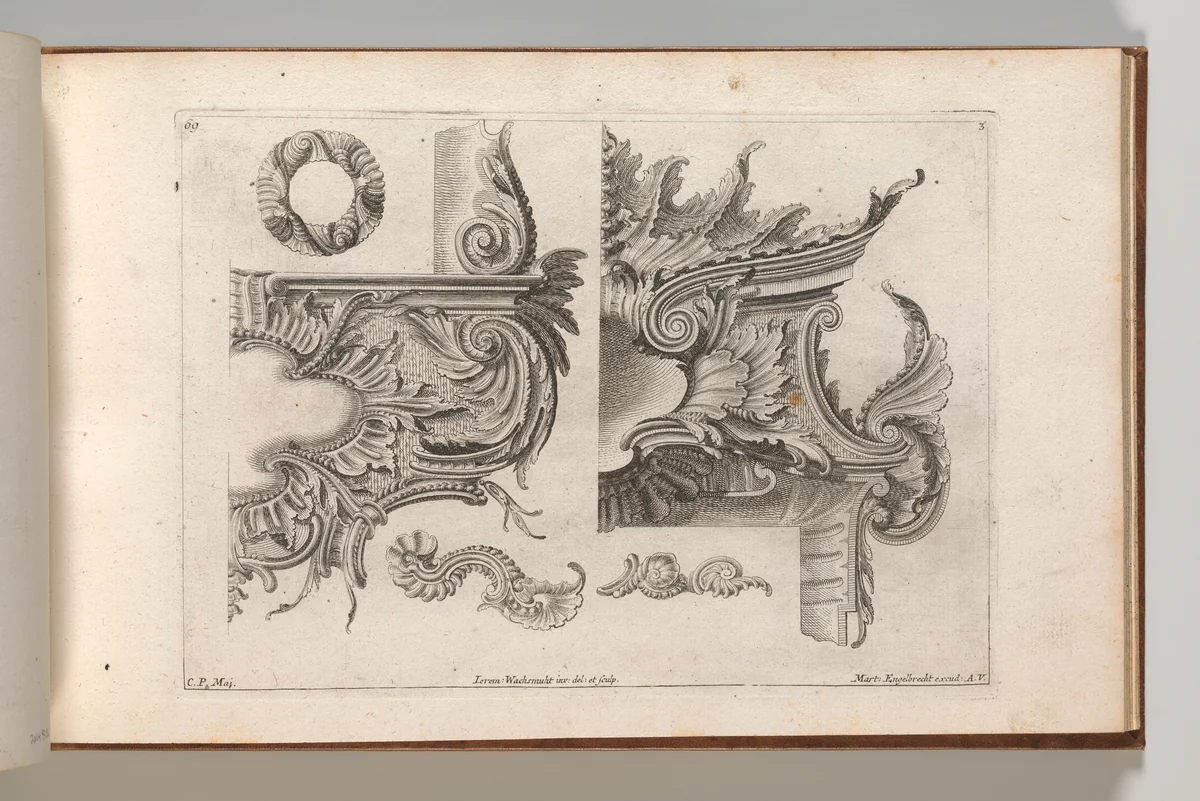 Suggestion for the Decoration of the Lower and Top Right of a Frame Combined with Several Additional Ornaments, Plate 3 from: 'Unterschidliche Auszierungen zu Thüren und Fenster, etc. etc. sehr nutzlich zu gebrauchen' by Jeremias Wachsmuth, book, 1745-1755