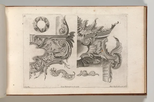 Suggestion for the Decoration of the Lower and Top Right of a Frame Combined with Several Additional Ornaments, Plate 3 from: 'Unterschidliche Auszierungen zu Thüren und Fenster, etc. etc. sehr nutzlich zu gebrauchen' by Jeremias Wachsmuth, book, 1745-1755