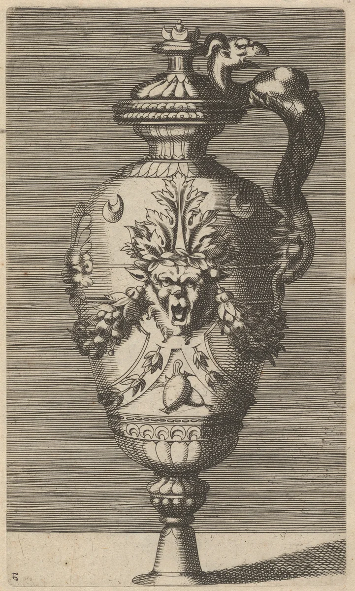 Vase with Lid, Decorated with a Mask and Garlands by René Boyvin, print, 1670-1700