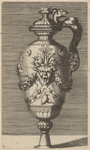 Vase with Lid, Decorated with a Mask and Garlands by René Boyvin, print, 1670-1700