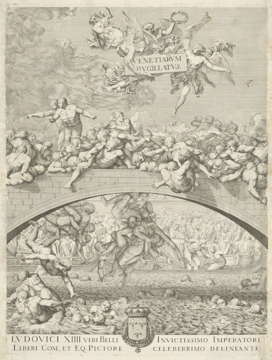 Vechtpartij op brug in Venetië (midden deel) by Domenico Rossetti, print, 1660-1736