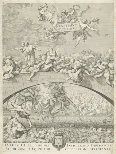 Vechtpartij op brug in Venetië (midden deel) by Domenico Rossetti, print, 1660-1736