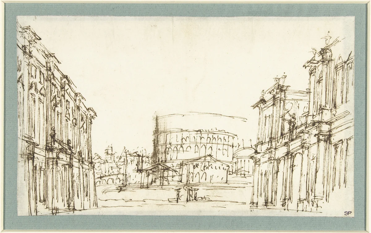 Fantasiearchitectuur met doorkijk op het Colosseum by Giuseppe Valeriani, drawing, 1718-1762