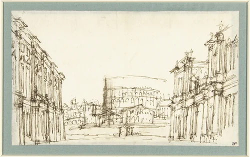 Fantasiearchitectuur met doorkijk op het Colosseum by Giuseppe Valeriani, drawing, 1718-1762