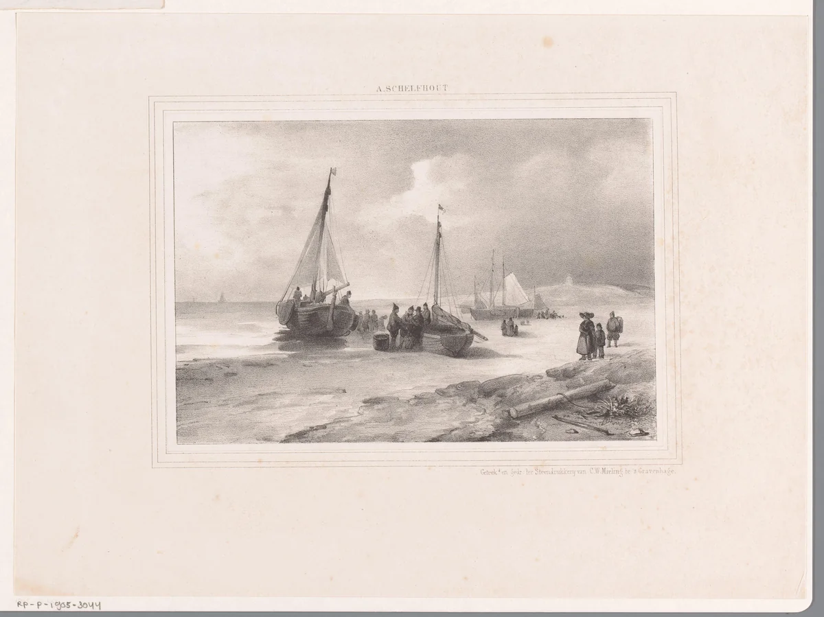Vissers en bomschuiten op het strand by anonymous, print, 1846-1847