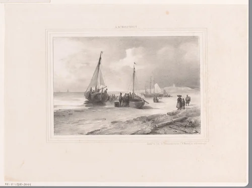 Vissers en bomschuiten op het strand by anonymous, print, 1846-1847
