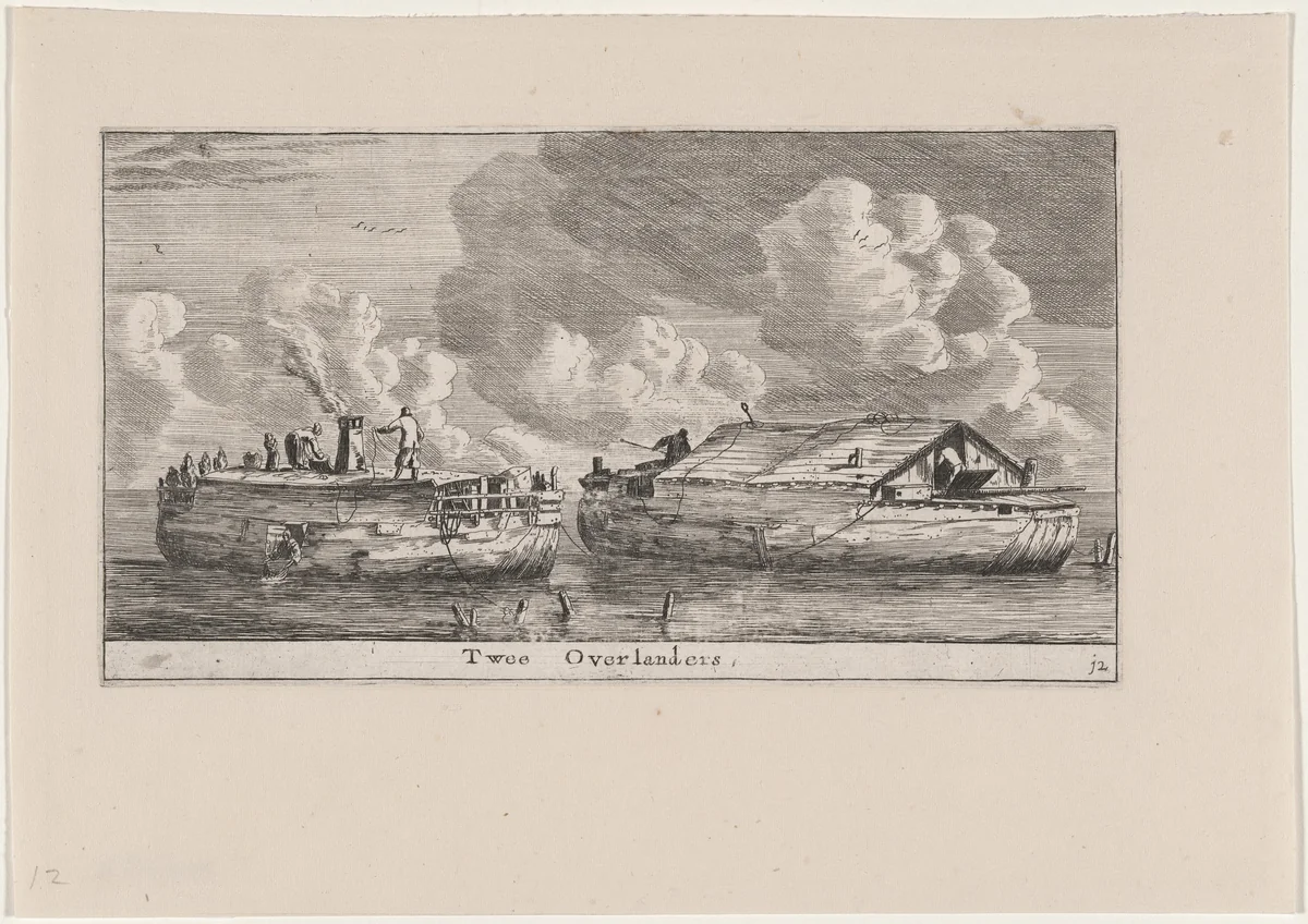 Two "Overlanders" or Houseboats by Reinier Nooms, print, 1647-1657