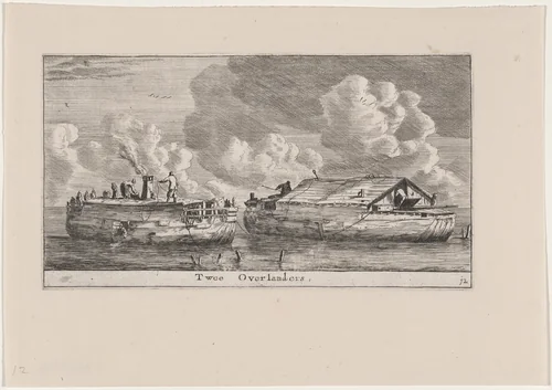 Two "Overlanders" or Houseboats by Reinier Nooms, print, 1647-1657