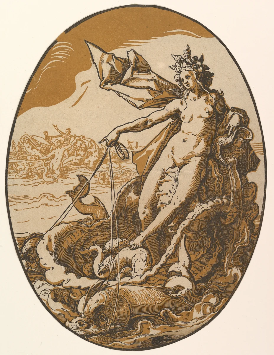Tethys reclining in a giant shell chariot pulled by two sea creatures, from "The Deities" by Hendrick Goltzius, print, 1588-1590