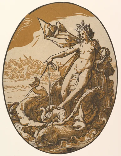 Tethys reclining in a giant shell chariot pulled by two sea creatures, from "The Deities" by Hendrick Goltzius, print, 1588-1590