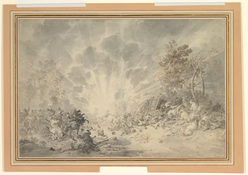 A Military Convoy Surprised by an Explosion by Dirk Langendijk, drawing, 1790-1800
