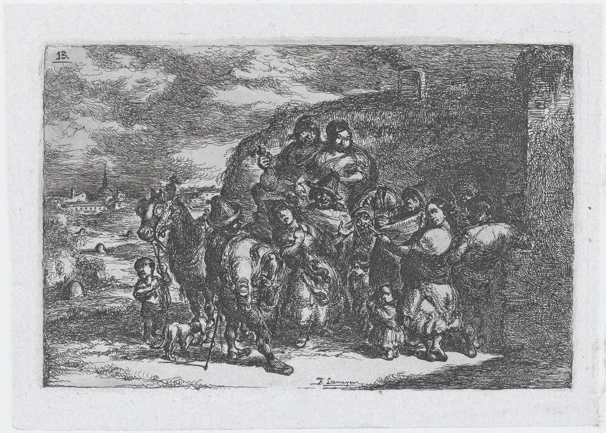 Plate 13: a group of people outdoors including possibly musicians, from the series of customs and pastimes of the Spanish people by Francisco Lameyer, print, 1850