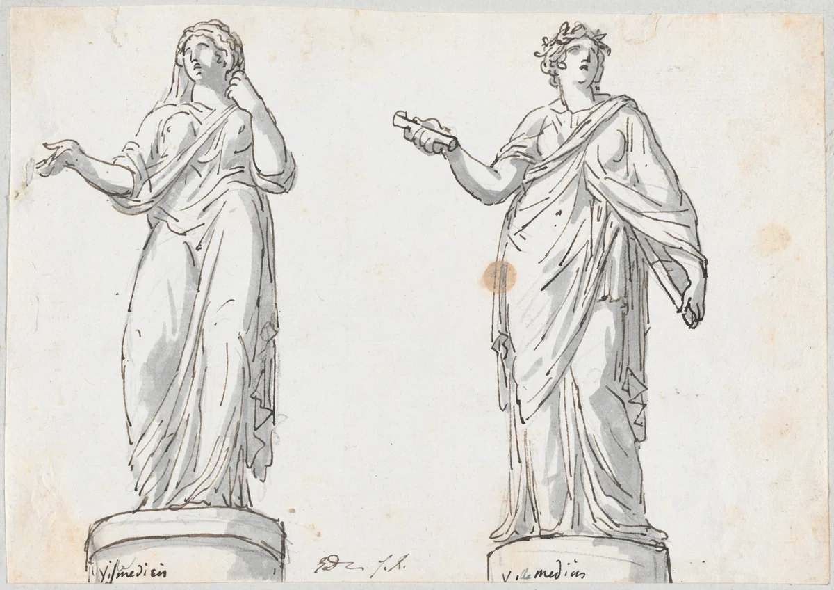 Two Female Figures from the Villa Medici by Jacques-Louis David, drawing, 1775-1780