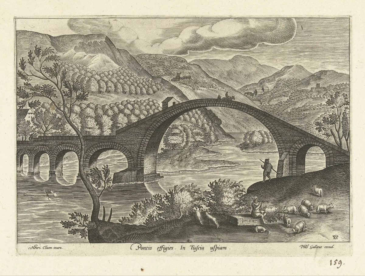 Gezicht op een brug in Toscane by anonymous, print, 1585