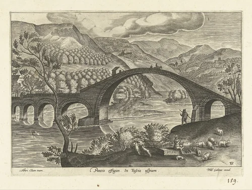 Gezicht op een brug in Toscane by anonymous, print, 1585