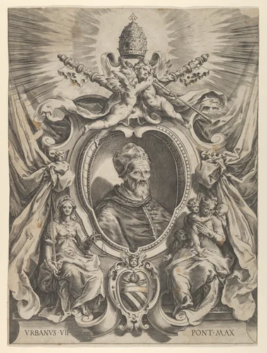 Portrait of Pope Urban VII in a decorative border by Cherubino Alberti, print, 1570-1615