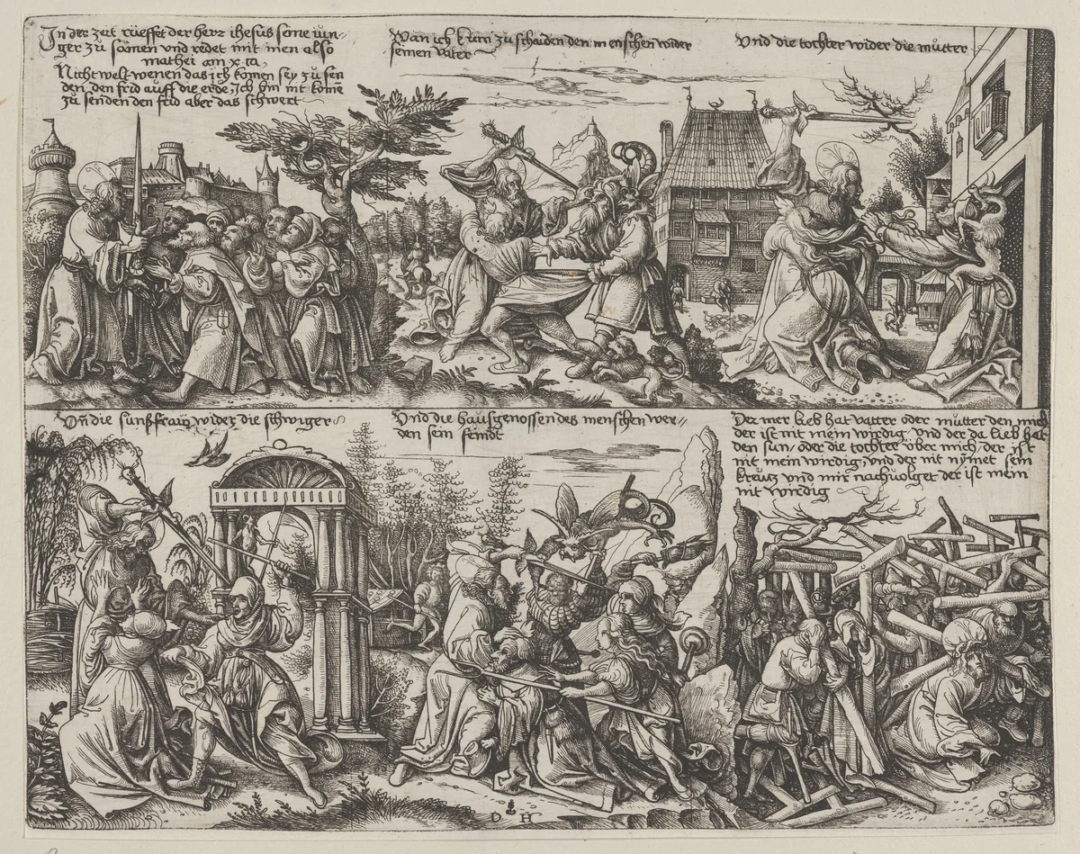 Scenes from Matthew 10: 34-38 by Daniel Hopfer, print, 1490-1536