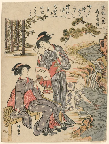 A Fan Suggesting a Dispersed Storm (Sensu no seiran) from the series "Eight Scenes of the Parlor (Zashiki hakkei)" by Torii Kiyonaga (鳥居清長), print, 1772-1782