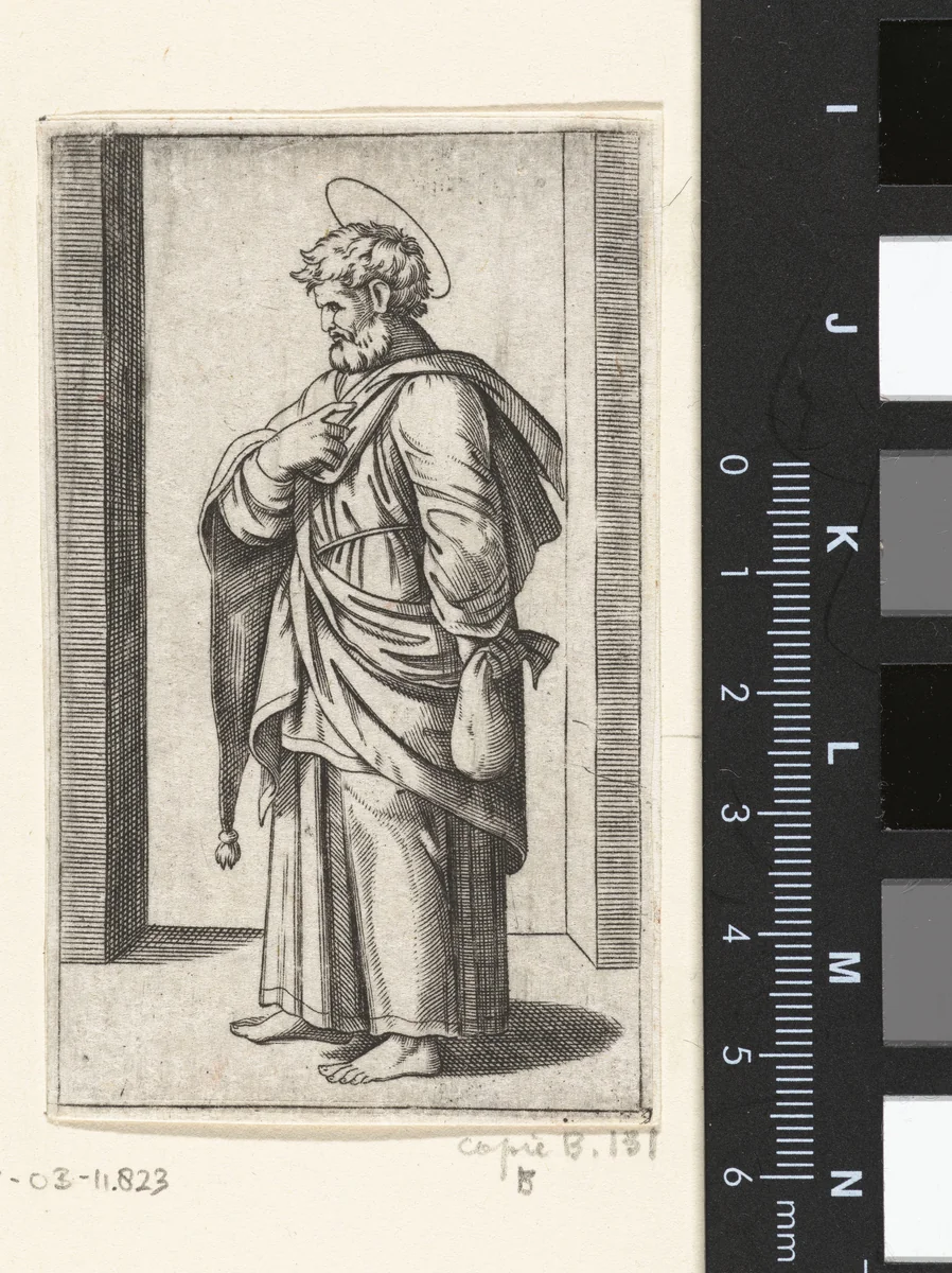 Apostel Matteüs met beurs by anonymous, print, 1517-1577