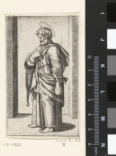 Apostel Matteüs met beurs by anonymous, print, 1517-1577