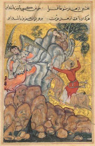 The third suitor, who is an archer, shoots the wicked fairy who has imprisoned Zuhra. He rides on a magic horse prepared by the second suitor and is led to the spot by the divining prowess of the first, from a Tuti-nama (Tales of a Parrot): Thirty-fourth Night by Unknown, painting, 1555-1565