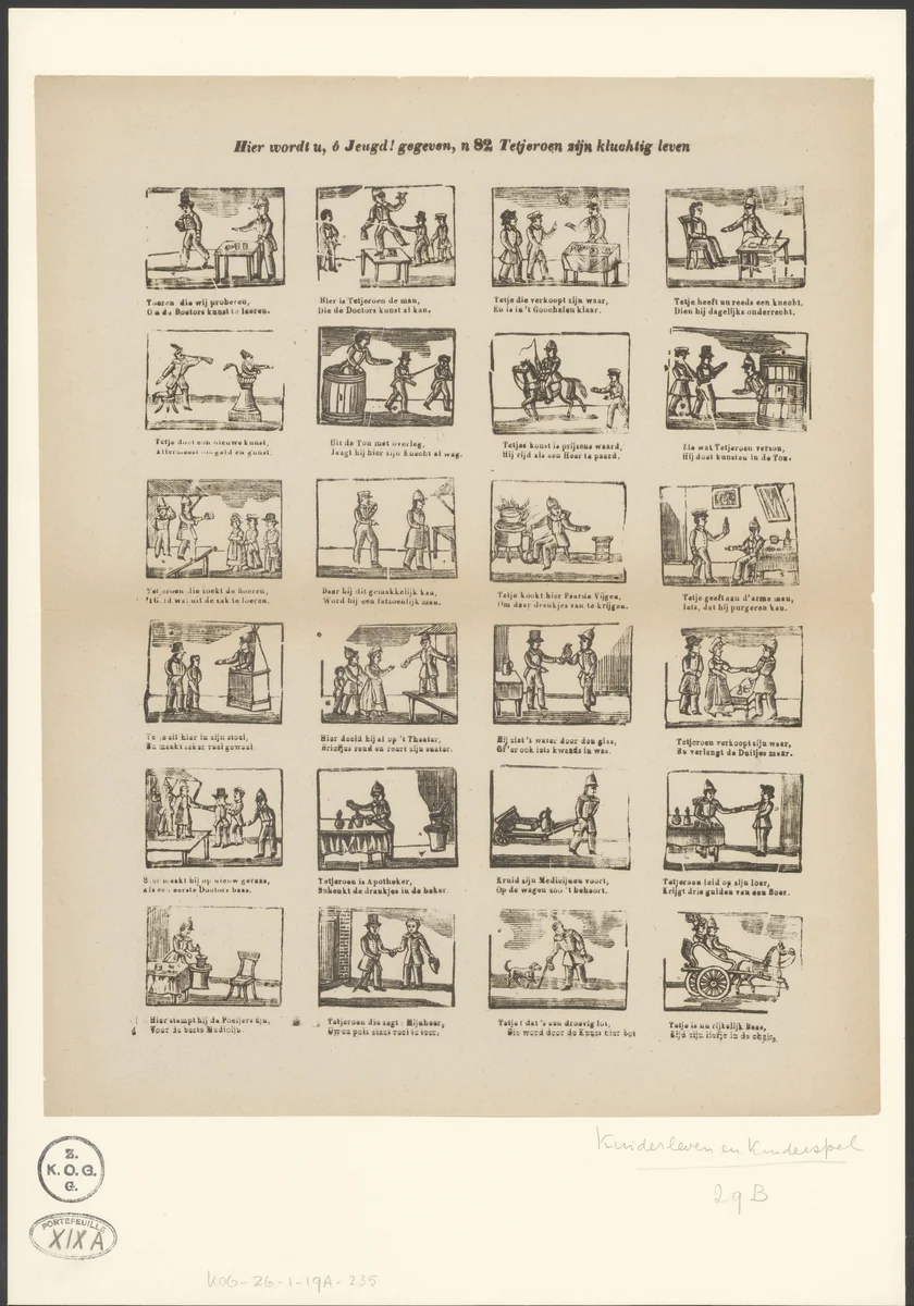 Leven van de kwakzalver en grappenmaker Tetjeroen by anonymous, print, 1856-1900