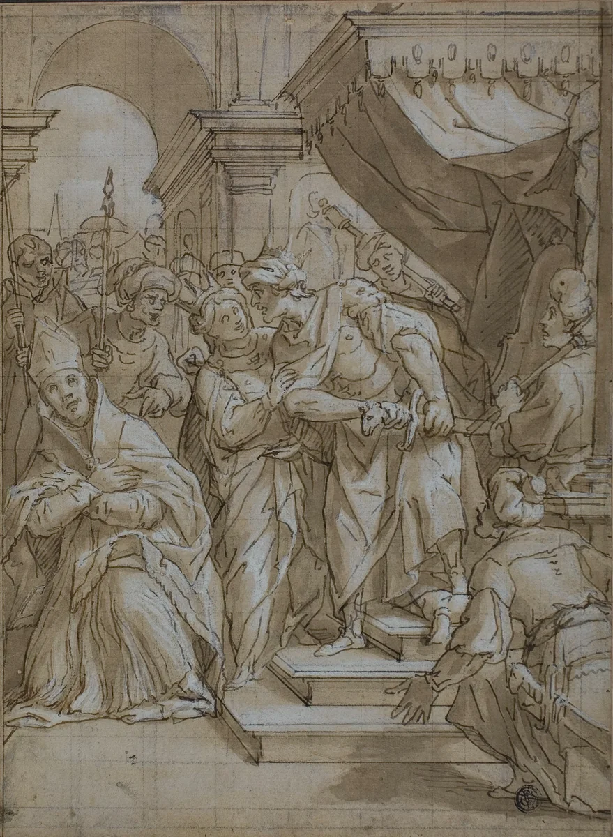 Queen Intervening to Spare the Life of a Bishop Saint by Lazzaro Tavarone, drawing, 1629-1639