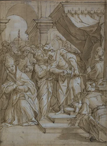 Queen Intervening to Spare the Life of a Bishop Saint by Lazzaro Tavarone, drawing, 1629-1639