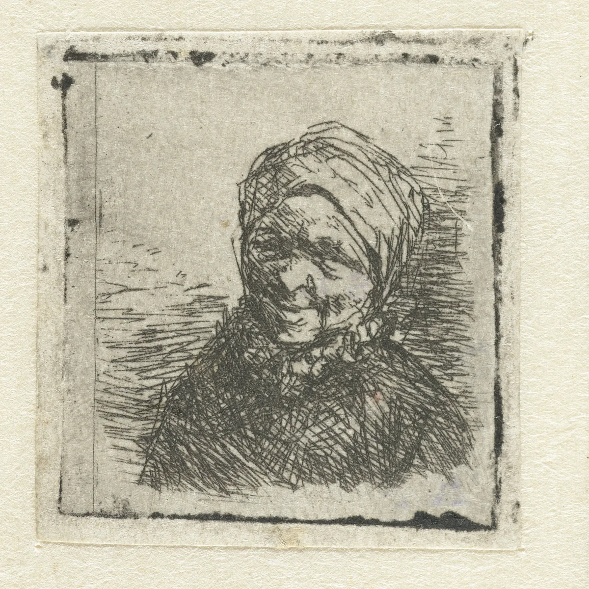 Buste van een lachende boerin by Adriaen van Ostade, print, 1650-1652