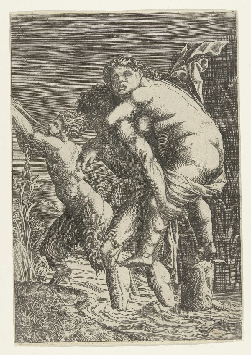 Man draagt vrouw op zijn rug en een satyr by Unknown, print, 1490-1600