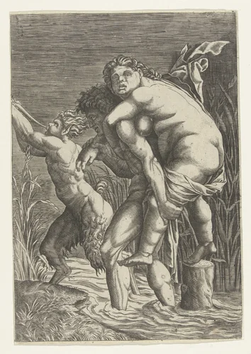 Man draagt vrouw op zijn rug en een satyr by Unknown, print, 1490-1600