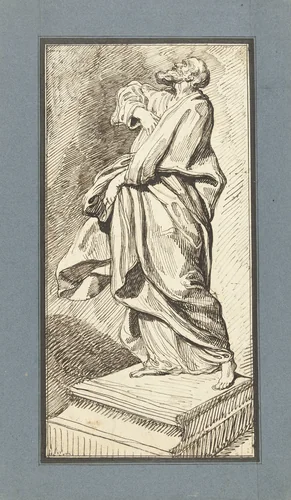 Standbeeld van een staande redenaar in toga op voetstuk by anonymous, drawing, 1700-1800