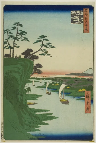 View of Konodai and the Tone River (Konodai Tonegawa fukei), from the series "One Hundred Famous Views of Edo (Meisho Edo hyakkei)" by Utagawa Hiroshige (歌川広重), print, 1856