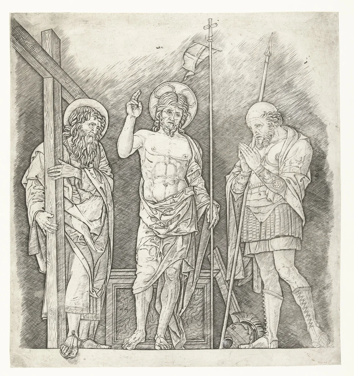 Herrezen Christus staand tussen heiligen Andreas en Longinus by Unknown, print, 1470-1524