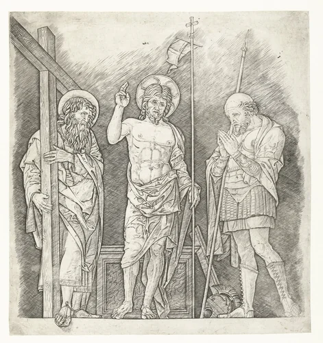 Herrezen Christus staand tussen heiligen Andreas en Longinus by Unknown, print, 1470-1524