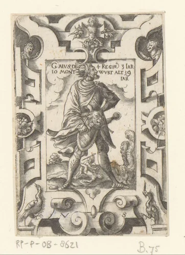 Keizer Caligula in rolwerk omlijsting by Unknown, print, 1524-1562