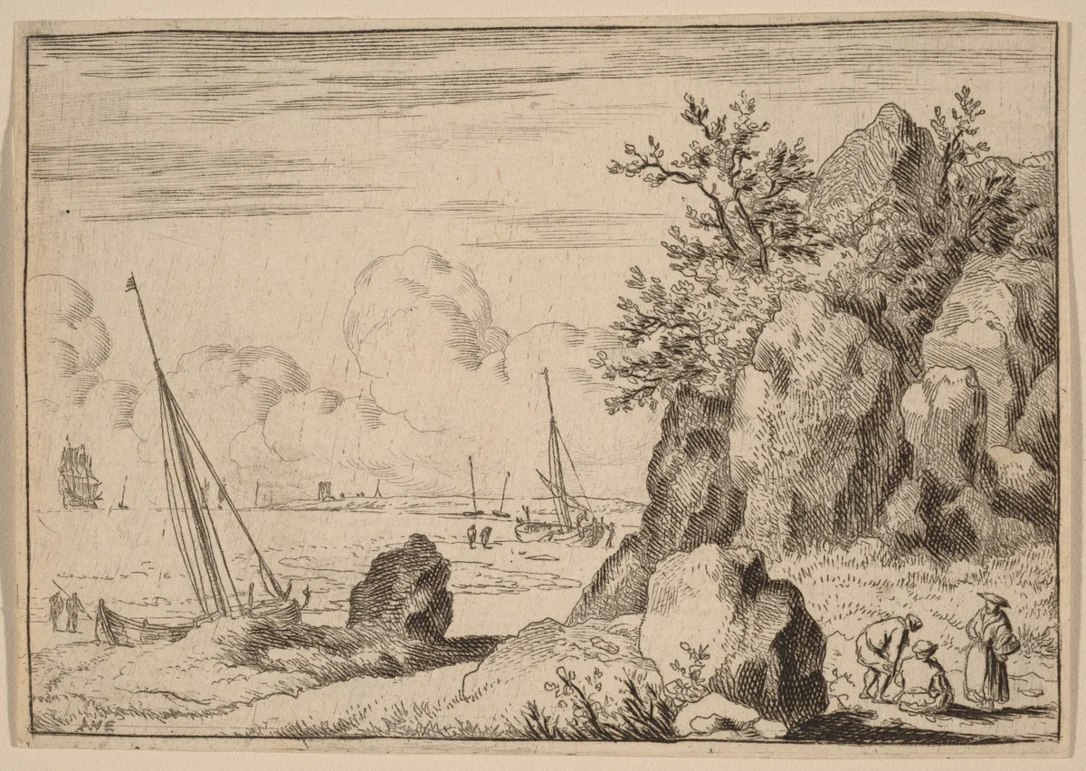 Seascape with Three Figures to the Right by Allart van Everdingen, print, 1645-1656