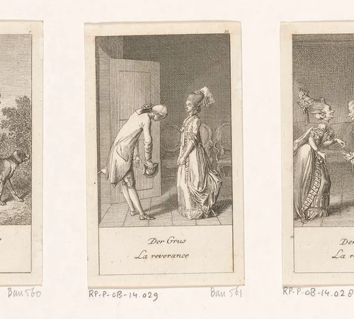 Begroeting bij binnenkomst by Daniel Nikolaus Chodowiecki, print, 1778
