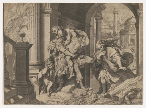 Aeneas and his family fleeing Troy by Agostino Carracci, print, 1595